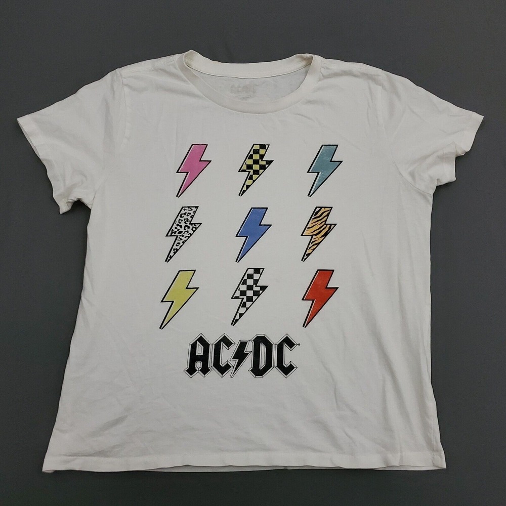 ACDC Shirt Womens XL Short Sleeve Lightning Bolt Print Knit Pullover White